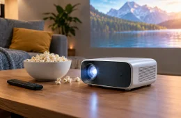 Compact Portable Projector On A Coffee Table Next To Popcorn, Beaming A Mountain Scene Onto The Wall