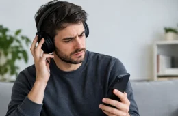 Man Wearing Overear Headphones Frowning At His Phone While Video And Sound Fall Out Of Sync